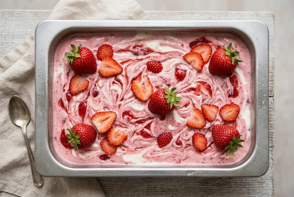 Yaourt glacé à la fraise crémeux dans un bac avec marbrures et fraises fraîches