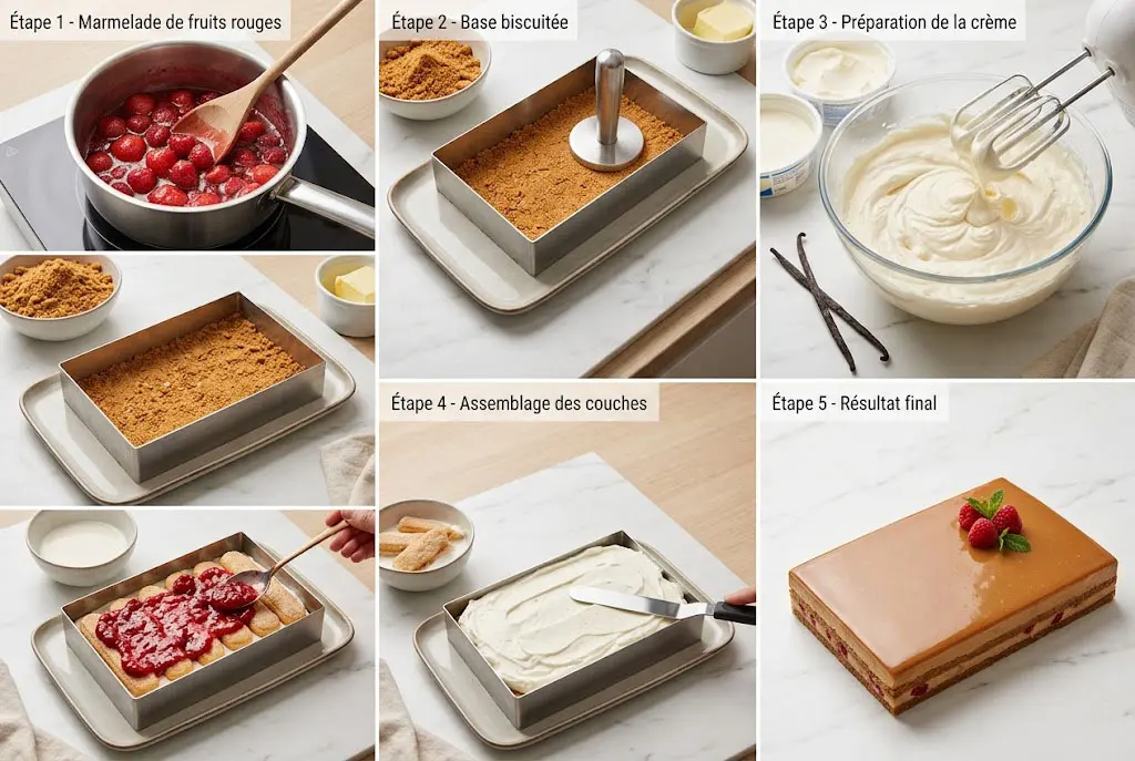 Étapes de préparation du gâteau spéculoos, fruits rouges et mascarpone en 5 photos.