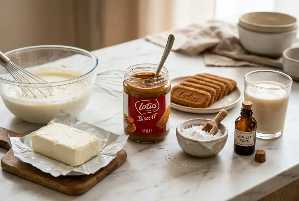 Ingrédients pour un bras froid aux biscuits Lotus sans cuisson, crème, fromage, biscuits et pâte Lotus disposés sur une table de cuisine moderne.