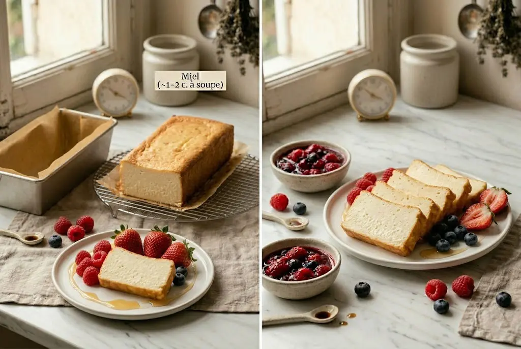 Gâteau léger au yaourt grec, cuit dans un moule rectangulaire type cake, découpé en tranches, texture crémeuse type cheesecake, avec fruits frais et filet de miel