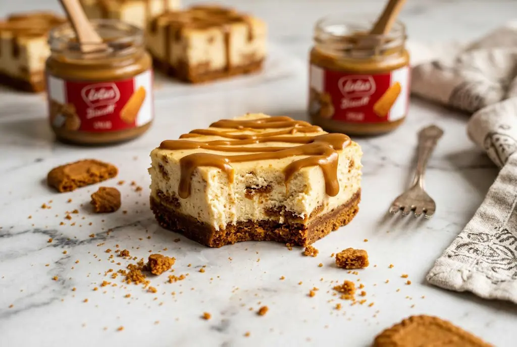 Carrés de Lotus Biscoff à la crème et au caramel coupés avec texture crémeuse et base biscuitée visible