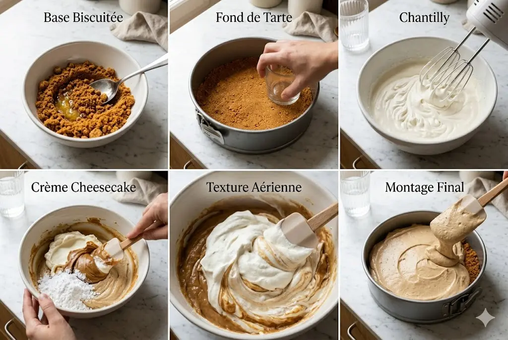 Étapes de préparation du cheesecake spéculoos sans cuisson en 6 panneaux : base, crème, chantilly et montage.