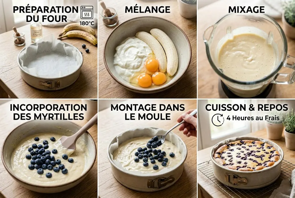 Étapes de préparation cheesecake myrtilles banane du mélange à la cuisson