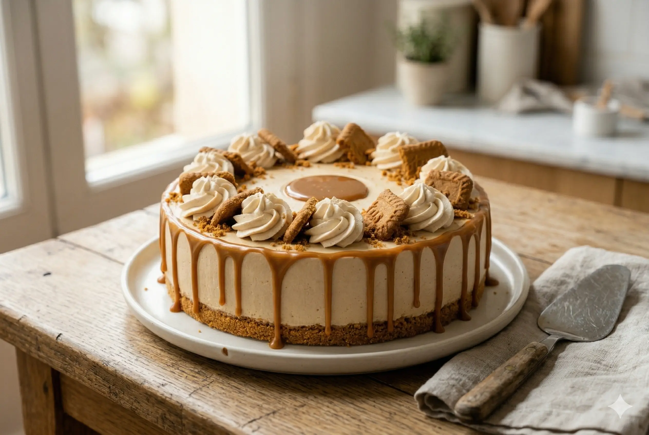 Cheesecake spéculoos sans cuisson entier dans son moule à charnière avec coulis brillant et brisures de biscuits.