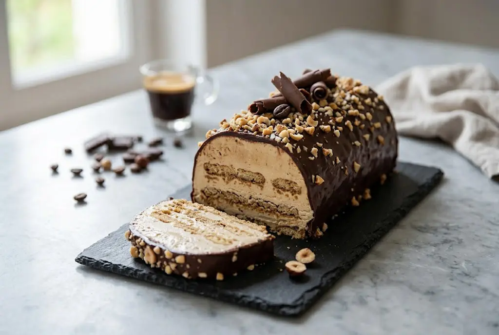 Bûche glacée au café et chocolat décorée de chocolat fondu et noix, servie en tranches.
