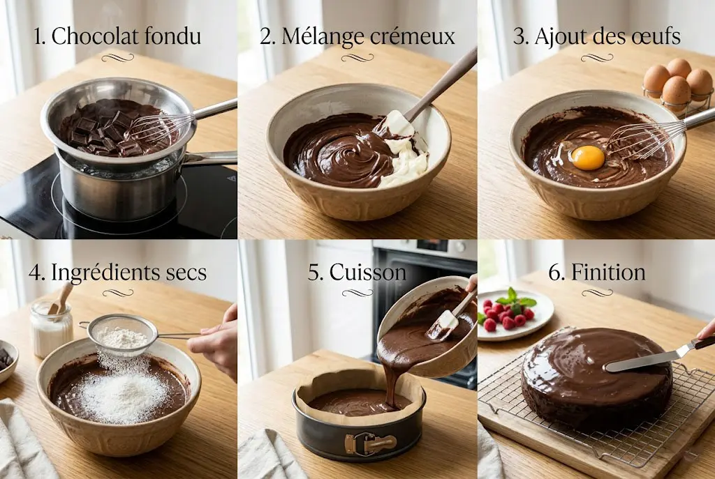 Étapes de préparation du fondant chocolat mascarpone en collage avec chocolat fondu, mélange crémeux, ajout des œufs et cuisson