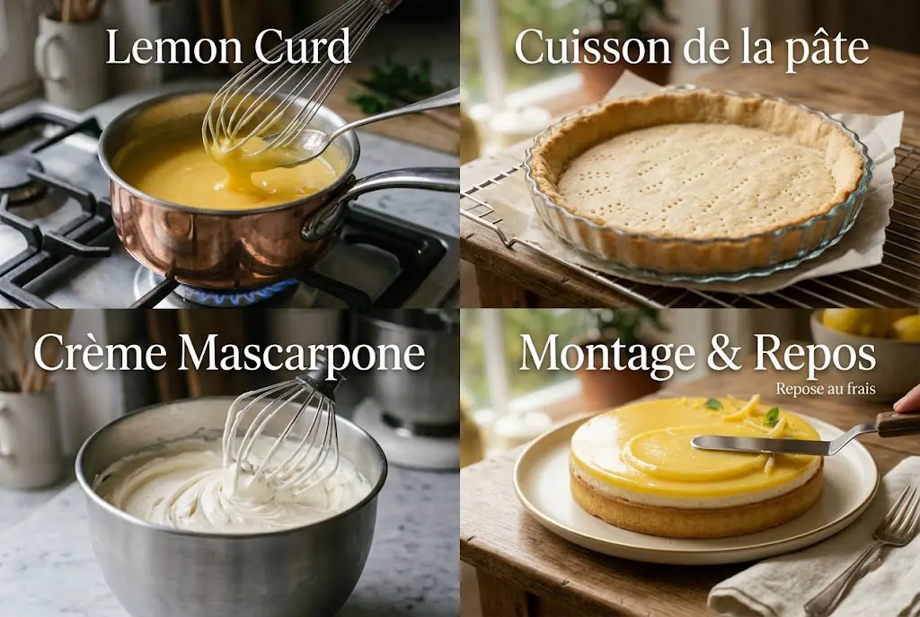 Étapes de préparation tarte mascarpone citron avec lemon curd, pâte sablée et crème montée