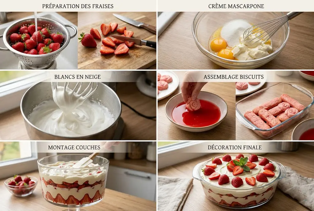 Étapes de préparation d’un dessert aux fraises montrant découpe des fruits, crème mascarpone et montage