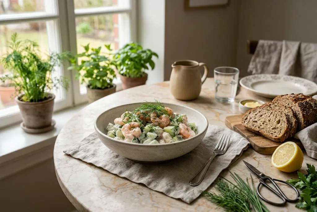 Salade crémeuse concombre & crevettes prête à servir Salade crémeuse de concombre et crevettes servie dans un bol élégant avec aneth frais sur le dessus.