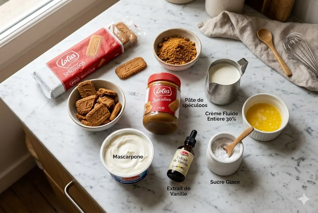 Ingrédients pour cheesecake spéculoos sans cuisson sur table en marbre : biscuits, mascarpone, crème, beurre fondu et vanille.