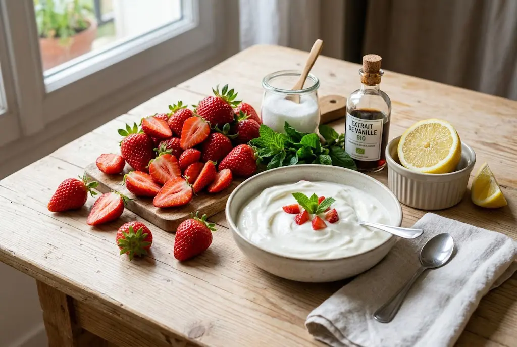 Ingrédients pour yaourt glacé à la fraise avec fraises fraîches, yaourt grec, sucre, citron et vanille