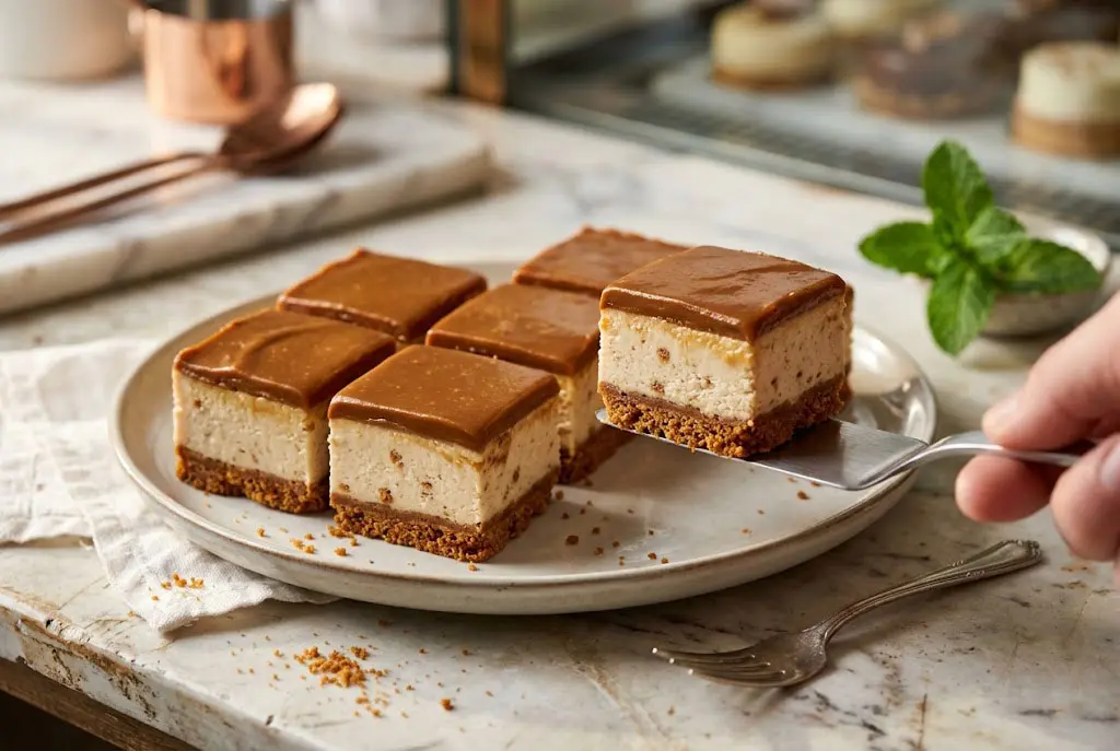 Carrés de Lotus Biscoff à la crème et au caramel coupés avec texture crémeuse et base biscuitée visible
