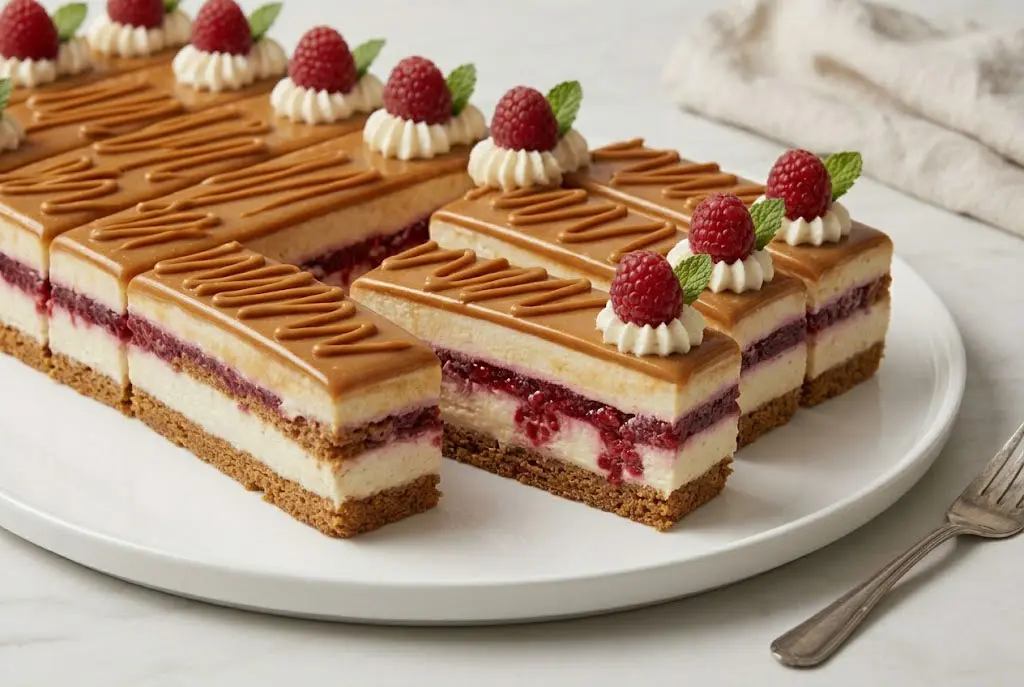 Gâteau spéculoos, fruits rouges et mascarpone rectangulaire avec glaçage miroir au spéculoos.