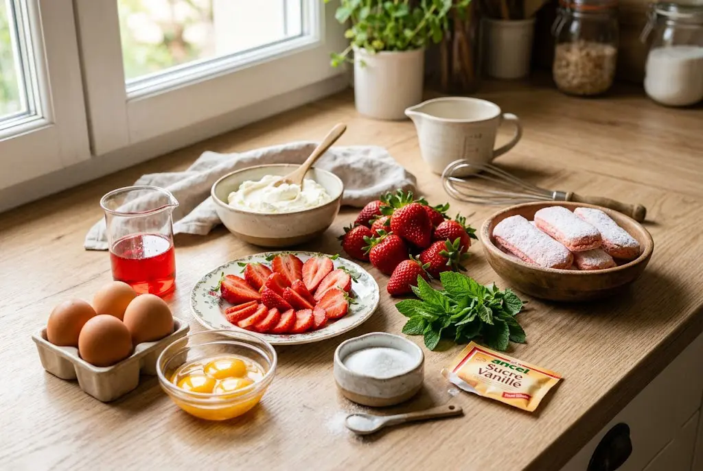 Ingrédients pour dessert aux fraises et mascarpone disposés sur une table en bois avec lumière naturelle douce
