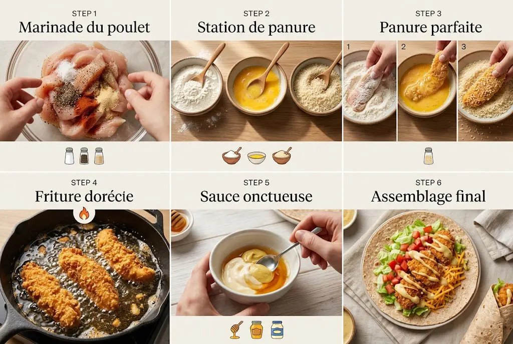 Un gros plan montrant le processus de panure : une main trempe une lanière de poulet cru dans un bol de farine, puis dans un bol d'œufs battus, et enfin dans un bol rempli de chapelure panko grossière.