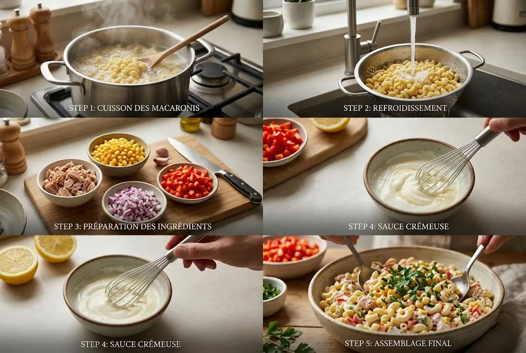 Étapes de préparation de la salade de macaroni au thon et au maïs en cuisine moderne