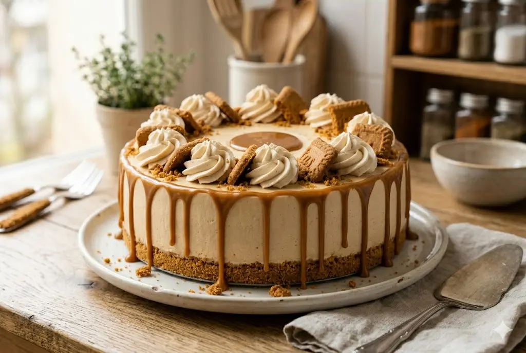 Cheesecake spéculoos sans cuisson entier dans son moule à charnière avec coulis brillant et brisures de biscuits.