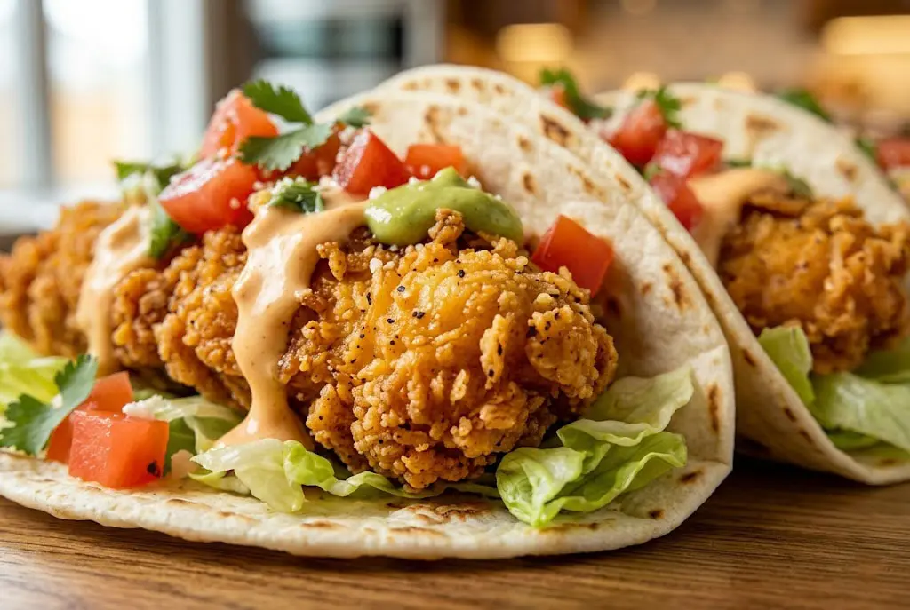 Trois tacos au poulet croustillant assemblés et disposés dans un support à tacos en métal argenté. On voit le poulet frit doré, la laitue, les tomates, des tranches d'avocat, un filet de sauce chipotle orange et de la coriandre fraîche sur le dessus.