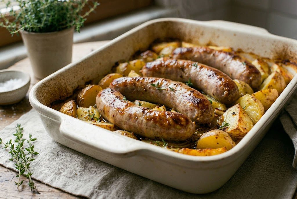 Saucisses au four dorées avec pommes de terre et sauce moutarde servies chaudes.
