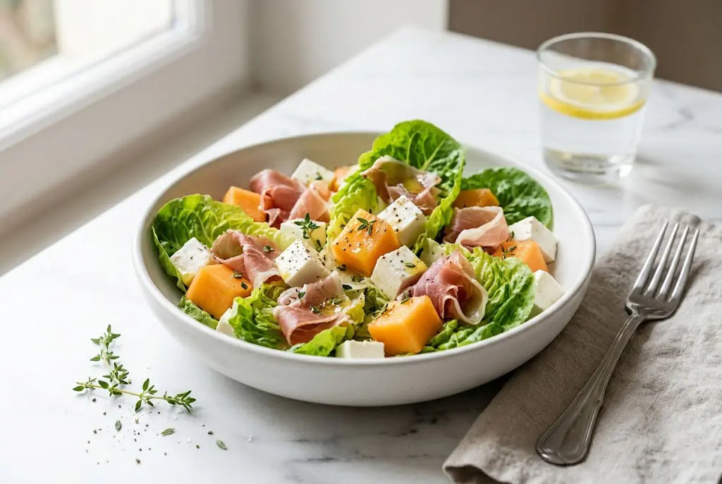 Salade melon feta jambon cru dressage élégant vinaigrette citron thym