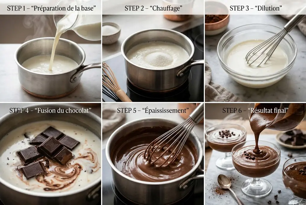 Préparation étape par étape de la crème chocolat maison dans une casserole