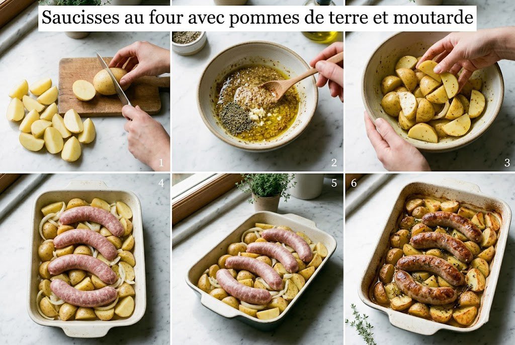 Préparation des pommes de terre et marinade à la moutarde pour Saucisses au four.