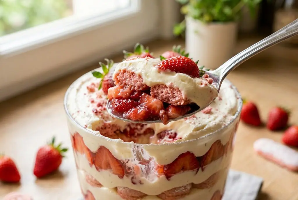 Dessert aux fraises et mascarpone présenté en couches avec décoration de menthe et fraises fraîches
