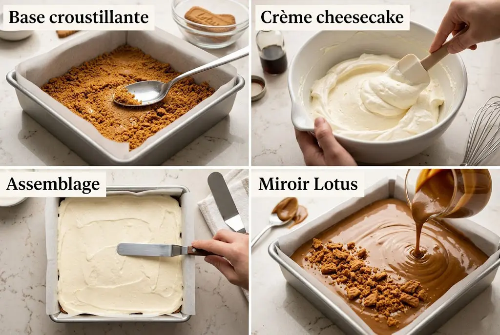 Étapes de préparation des carrés cheesecake Lotus Biscoff avec base biscuitée et crème