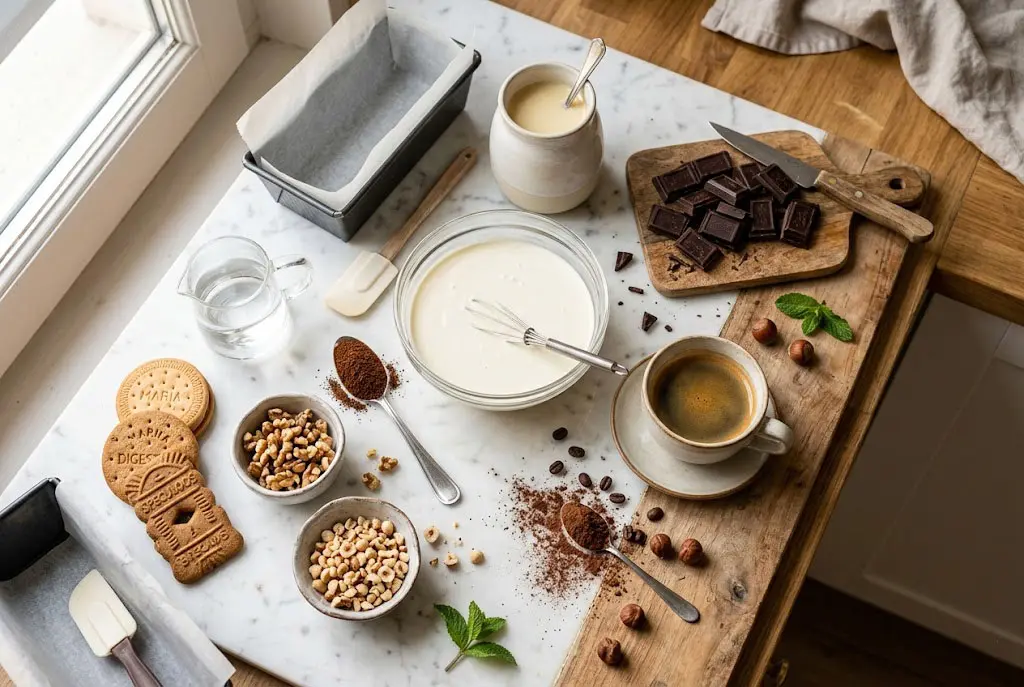 Ingrédients pour une bûche glacée au café et chocolat disposés sur une table de cuisine.