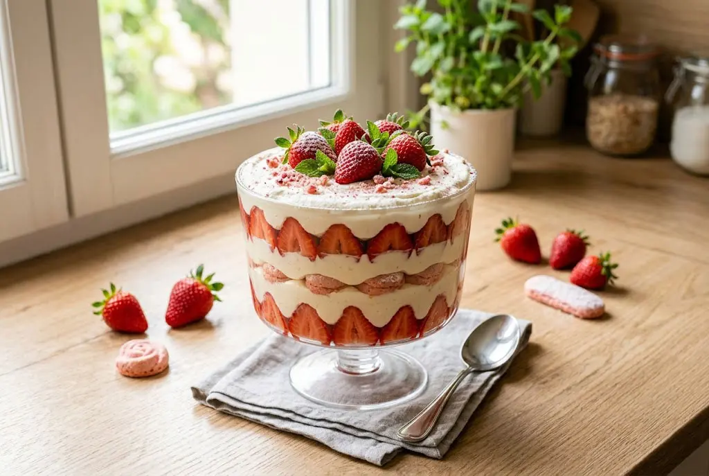 Tiramisu aux fraises et biscuits roses présenté en couches avec décoration de menthe et fraises fraîches
