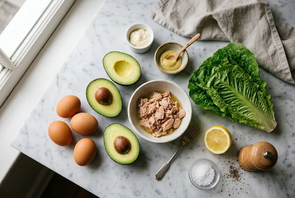 Ingrédients frais sur marbre pour Coupelles de Laitue à l’Avocat, Œufs Durs et Thon avec avocats coupés, œufs frais, thon au naturel et laitue romaine.