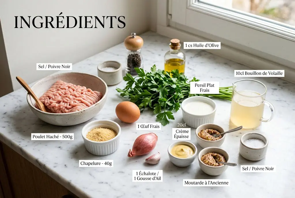 Ingrédients frais pour préparer des boulettes de poulet à la sauce moutarde, soigneusement disposés sur une surface blanche avec viande hachée, œuf, chapelure, échalote, ail, persil, crème et moutardes.