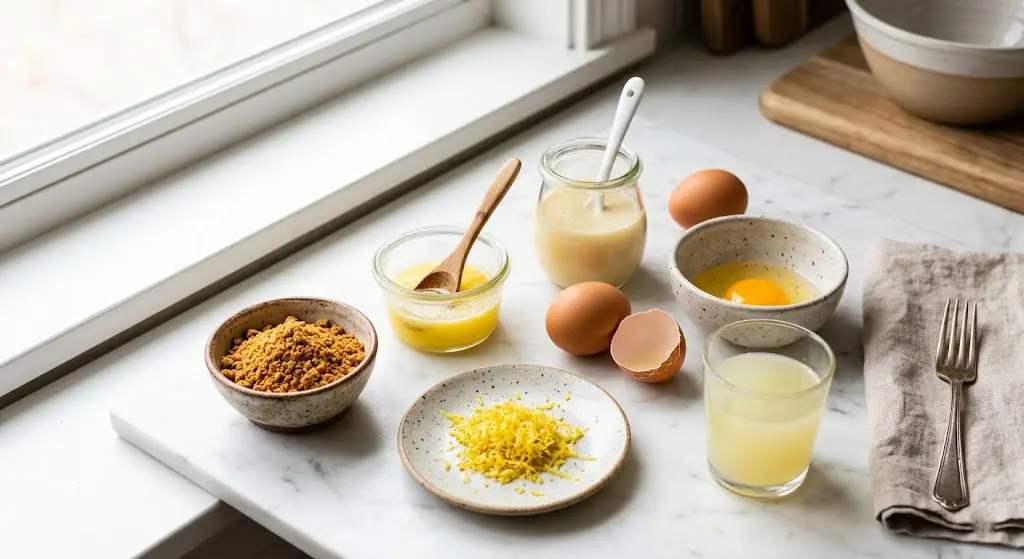 Ingrédients pour tartelettes au spéculoos et citron disposés proprement sur une surface claire.