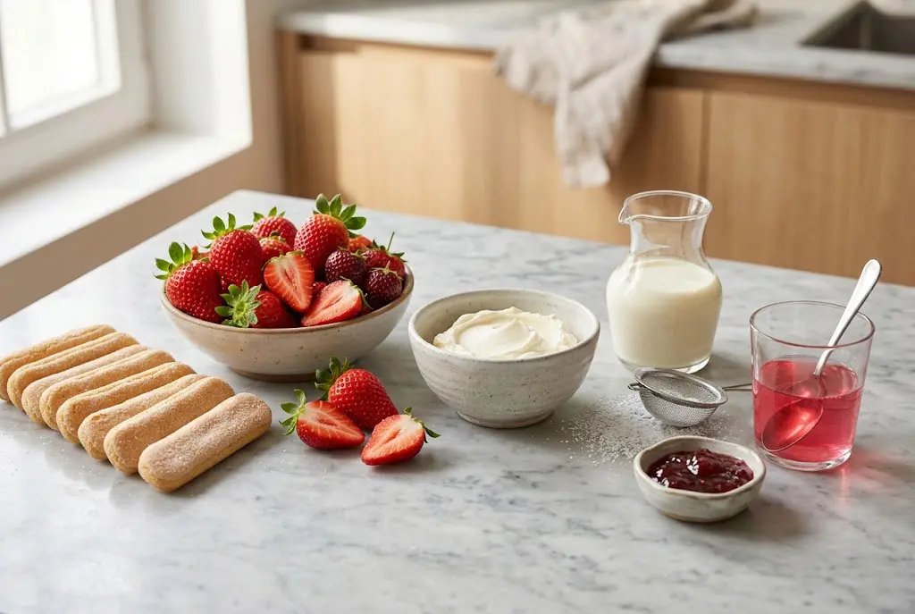 Ingrédients pour charlotte aux fraises avec biscuits à la cuillère, fraises fraîches, mascarpone et crème