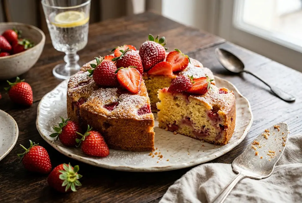 Gâteau au yaourt aux fraises moelleux part coupée texture aérienne