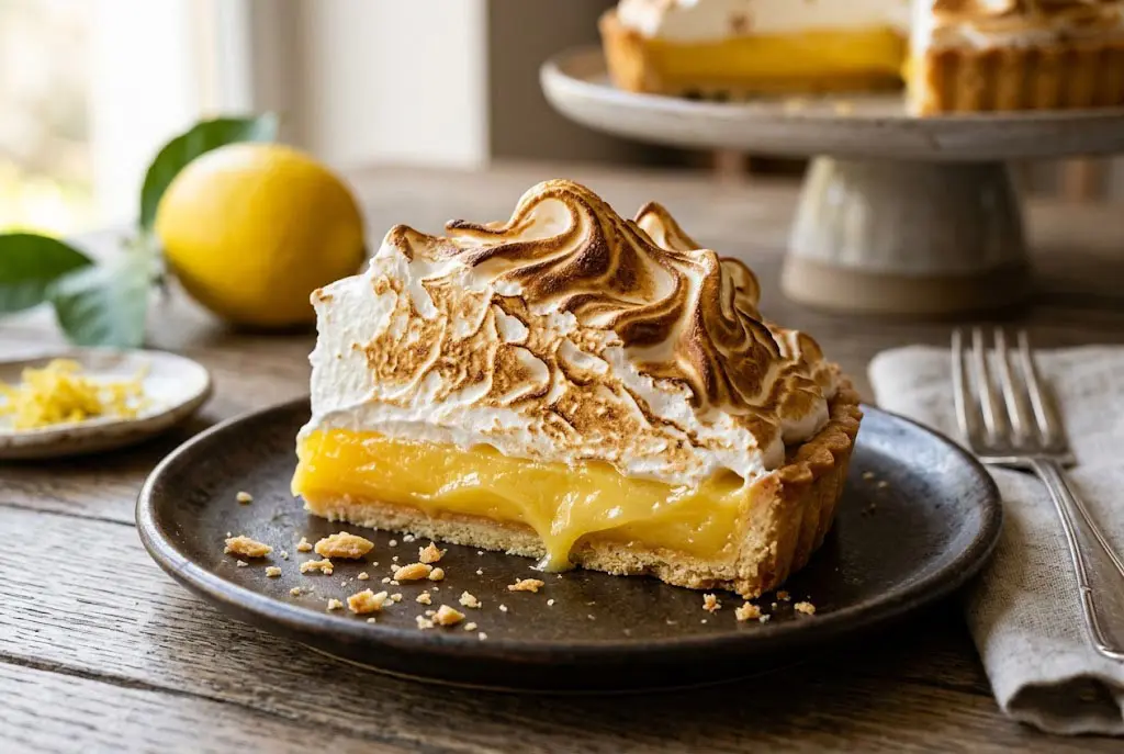 Tarte Citron Meringuée Artisanale Tarte citron meringuée artisanale avec meringue dorée et crème citron brillante sur table élégante.