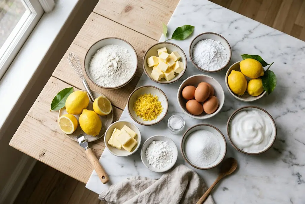 Ingrédients frais pour une tarte citron meringuée disposés élégamment sur une table en marbre blanc avec citrons, œufs, farine et beurre.
