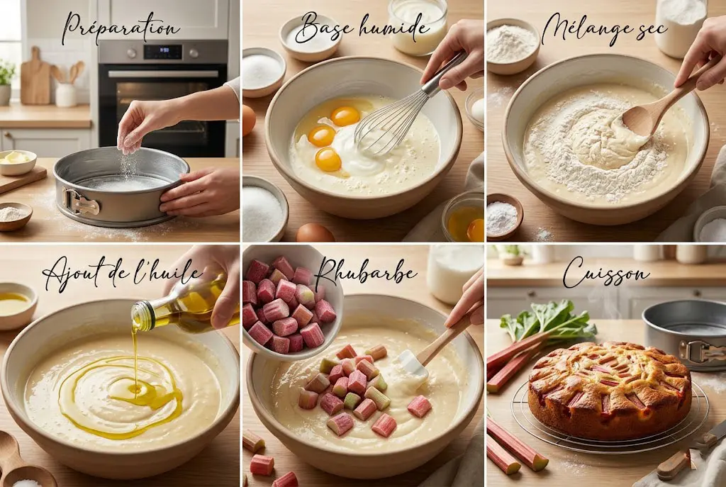 Étapes de préparation d’un gâteau à la rhubarbe présentées dans une image divisée en plusieurs scènes.