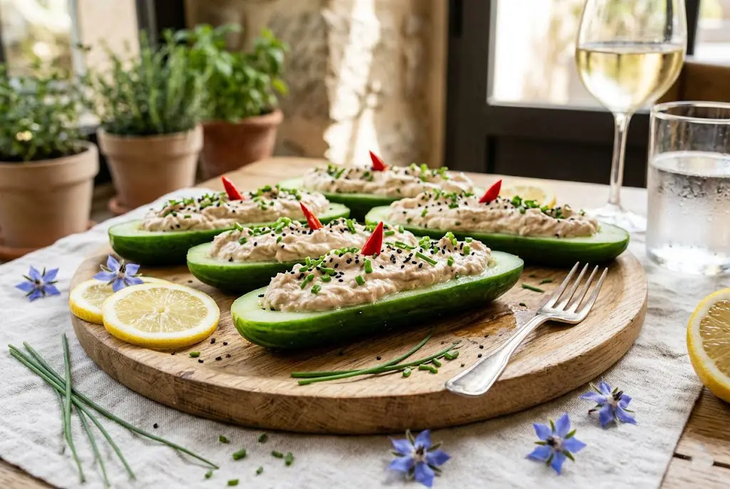 Présentation gastronomique de concombres farcis au thon dans une assiette blanche avec de la ciboulette, du piment d'Espelette et un verre de vin blanc en arrière-plan.