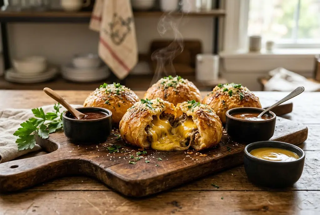 Pizza Bombs Cheeseburger dorées servies sur une planche en bois avec fromage fondant et persil frais.