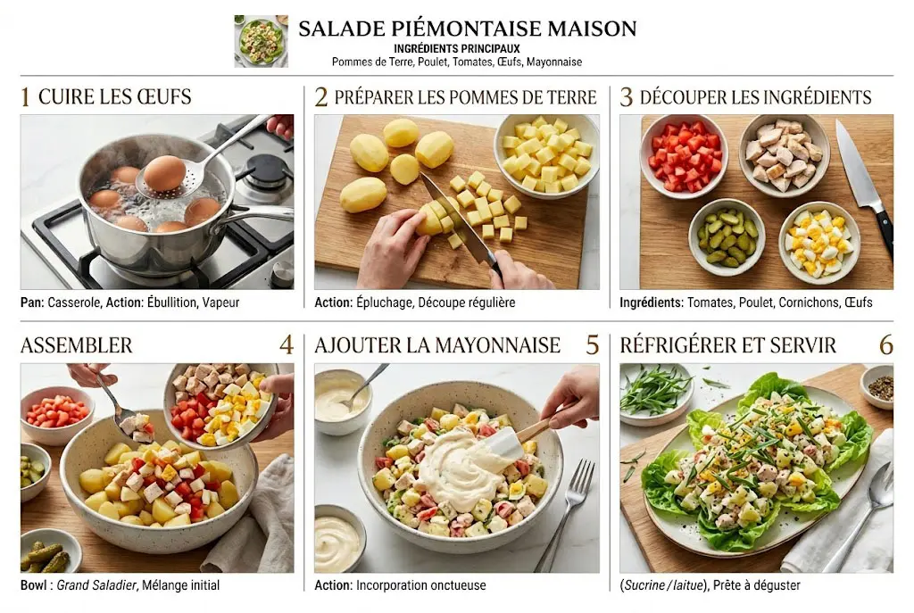 Montage en plusieurs étapes montrant la cuisson des œufs, la découpe des légumes, l’assemblage des ingrédients et le mélange avec la mayonnaise.
