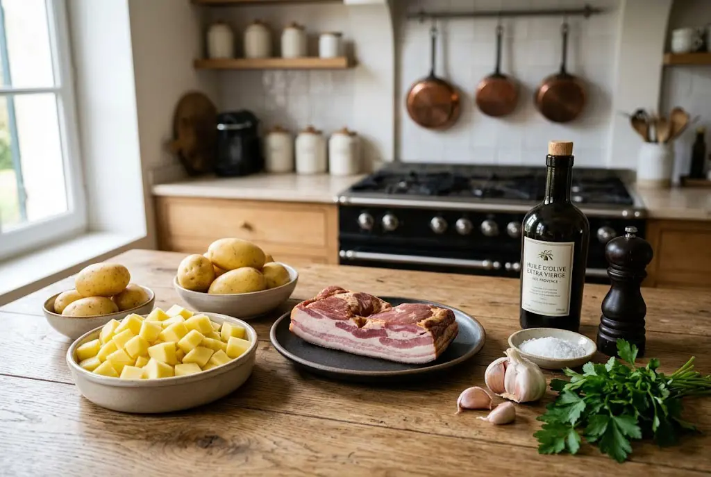 Ingrédients pour pommes de terre sautées au bacon Ingrédients frais pour la recette des pommes de terre sautées au bacon : pommes de terre, bacon, ail, persil et huile d'olive sur une table en bois.