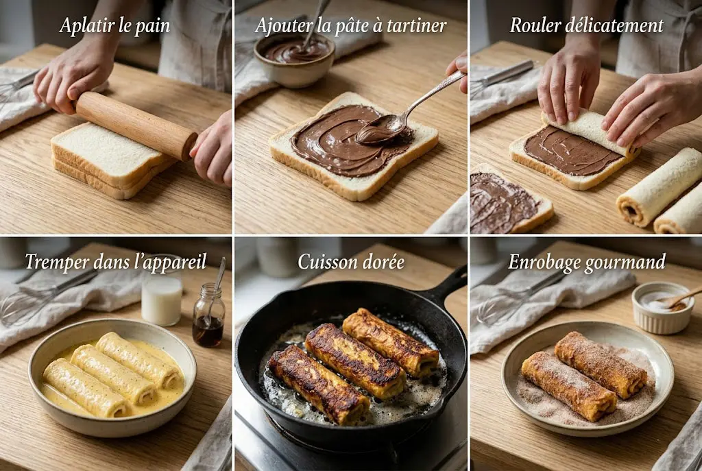 Étapes de préparation du pain perdu roulé fourré à la pâte à tartiner en collage culinaire.