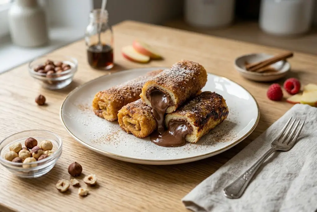 Pain perdu roulé fourré à la pâte à tartiner servi dans une assiette élégante.