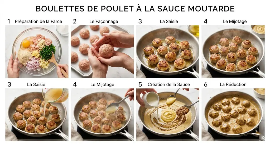 Infographie culinaire illustrant les différentes étapes de préparation des boulettes de poulet, du mélange des ingrédients jusqu’à la réalisation de la sauce crémeuse à la moutarde.