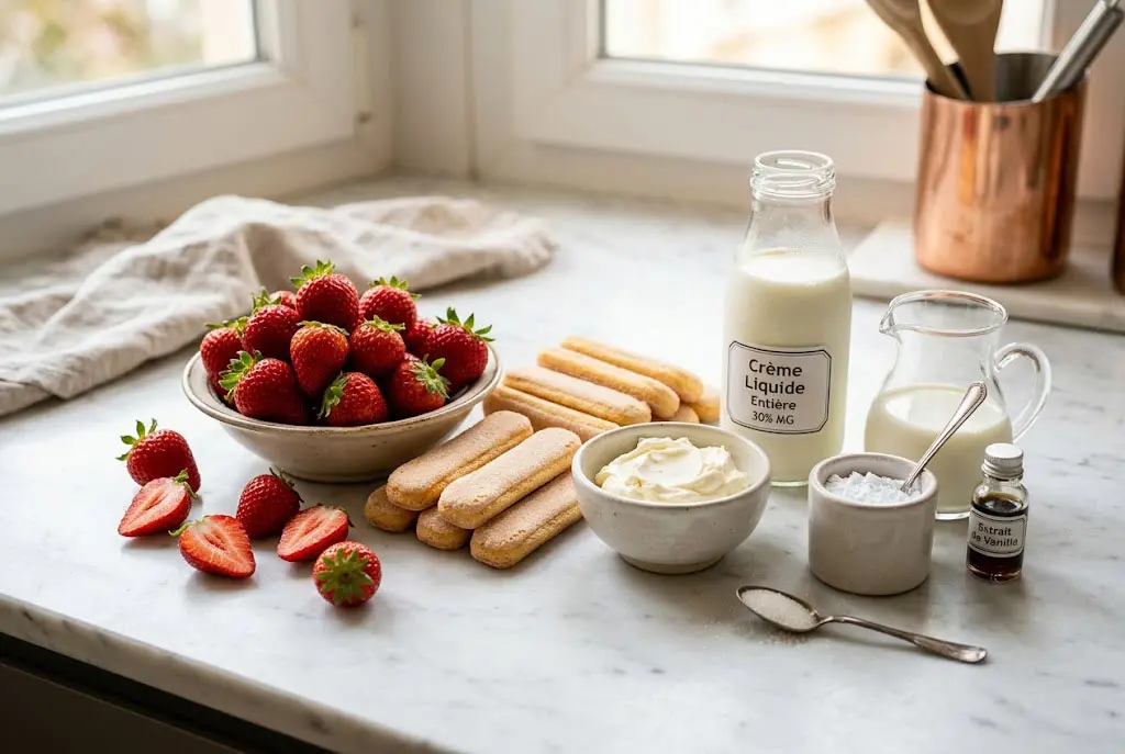 ngrédients disposés sur une table : fraises rouges, biscuits boudoirs, crème liquide, mascarpone, sucre glace et vanille.