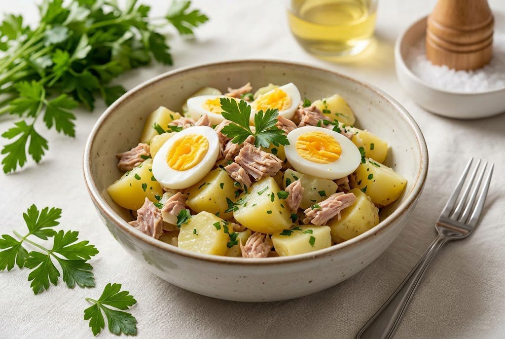Une assiette généreuse de Salade de pommes de terre au thon et aux œufs décorée de persil frais.