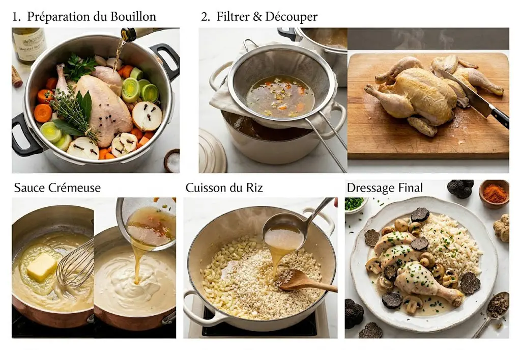 Image divisée en plusieurs étapes montrant la préparation du bouillon, la découpe de la poule, la sauce crémeuse, la cuisson du riz et le dressage final.