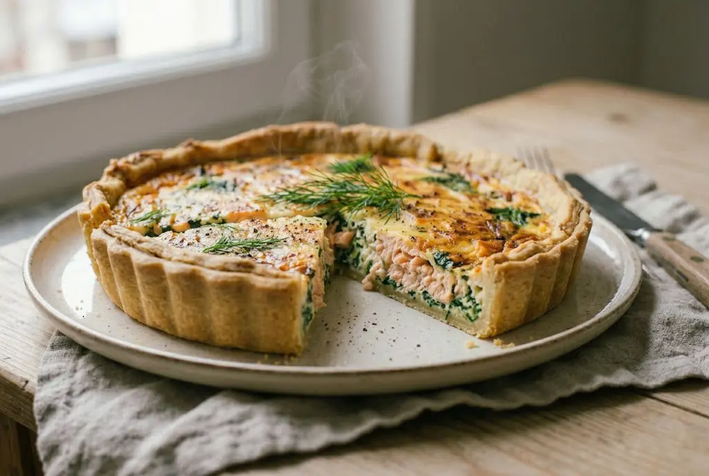 Texture Quiche Saumon Épinards Fondante Part de quiche saumon épinards montrant une texture crémeuse et fondante