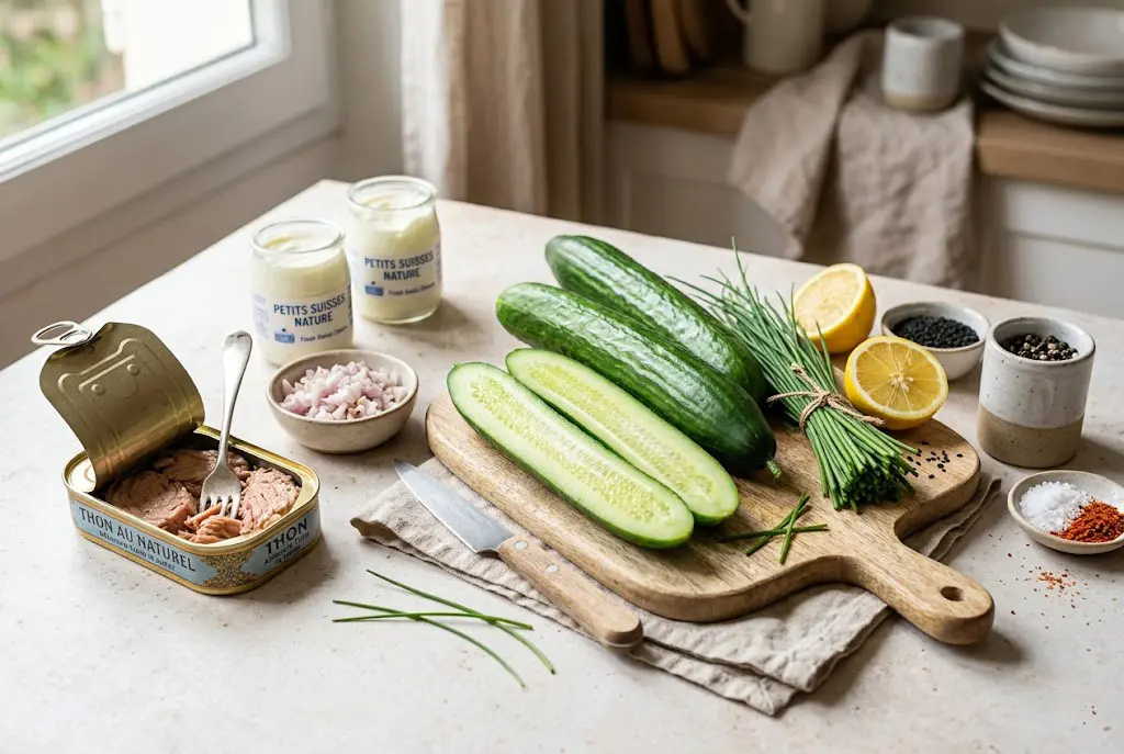 Ingrédients frais disposés sur une table pour la recette des concombres farcis au thon avec concombres, boîte de thon, petits suisses et citron.